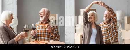 collage of senior couple dancing and holding glasses of wine in new house Stock Photo