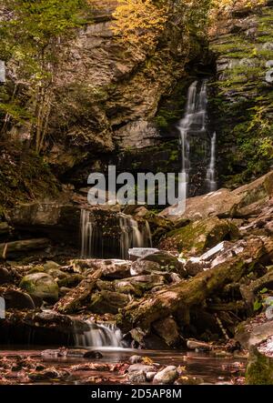 Buttermilk Falls high tier in autumn at Peekamoose Forest Catskills Stock Photo