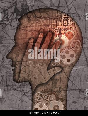 Burn out syndrome, Stress Overworked man. Stylized male head businessman,  computer expert silhouette holding his head, with binary codes, gear Stock  Photo - Alamy