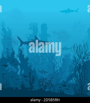 Blue underwater landscape with sharks and coral reefs Stock Vector