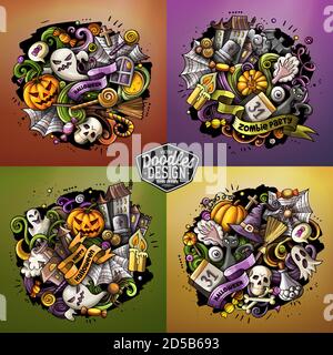 Halloween cartoon vector doodle illustration set Stock Vector