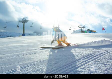 Gs Giant Slalom alpine ski racer skiing down the slope with gates sport winter training at Col Gallina Cortina d'Ampezzo Dolomites Stock Photo
