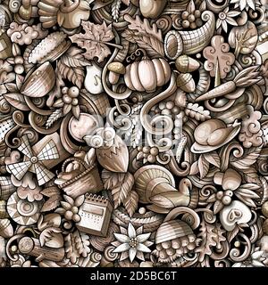 Cartoon cute doodles hand drawn Happy Thanksgiving seamless pattern Stock Vector