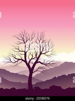Purple mountain landscape with huge old tree Stock Vector