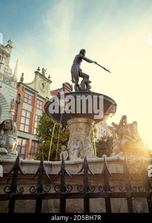 Neptune's fountain in the old town of Gdansk city, Poland Stock Photo