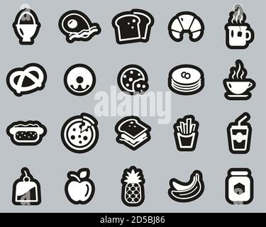 Breakfast Or Food Icons White On Black Sticker Set Big Stock Vector