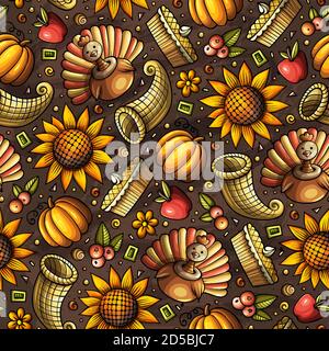 Cartoon cute hand drawn Thanksgiving seamless pattern. Stock Vector