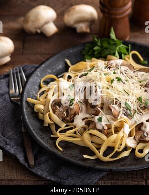 Creamy fettuccine alfredo with mushrooms and shredded parmesan cheese on a black plate. Stock Photo