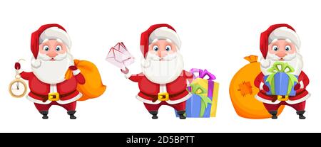Merry Christmas and Happy New Year. Cheerful Santa Claus cartoon character, set of three poses. Santa holding clock, preparing presents for kids and h Stock Vector