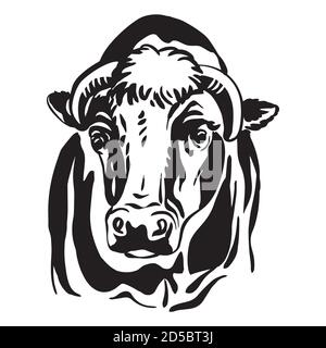 Decorative abstract portrait of bull vector illustration in black color isolated on white background. Engraving template image of cow for label, logo, Stock Vector