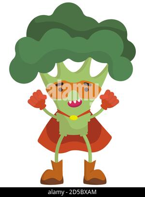 Funny vegetable superhero. Broccoli in cartoon style. Stock Vector