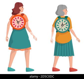 Time is life. Female character at different ages. Concept of lifestyle. Stock Vector