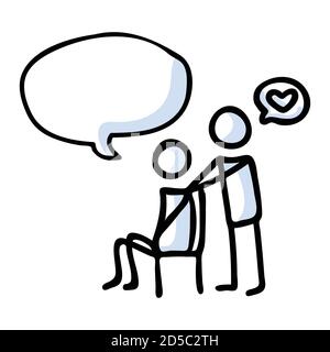 Hand drawn stickman comforting sad friend and speech bubble concept. Simple outline mental health doodle icon clipart. For depression awareness sketch Stock Vector