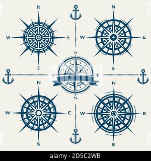 Set of vector compass roses or wind roses Stock Vector