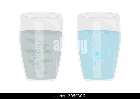 Glass with clean and dirty water isolated on white background. Water pollution and infection problem. Pure water and contaminated water. Stock vector Stock Vector