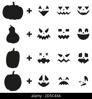 Pumpkin carving ideas lantern face set. Vector design elements of emotion for Halloween. Black silhouette template isolated on a white background. Stock Vector