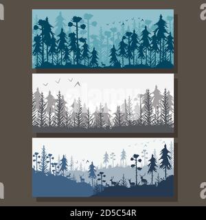 Forest background with silhouette of trees and deer. Vector cartoon banners set isolated on background. Stock Vector