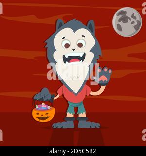 Halloween kids costume of werewolf with a basket of candy on a red background. Vector cute cartoon character for holiday and partying. Stock Vector
