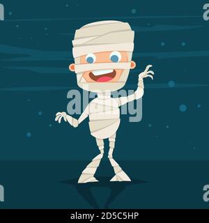 Halloween kids costume of cute mummy on abstract background. Vector cartoon children character for holiday and partying. Stock Vector