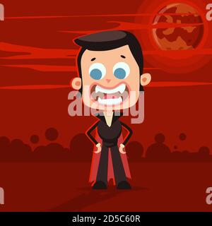 Halloween kids costume of vampire on abstract background. Vector cartoon children character for holiday and partying. Stock Vector