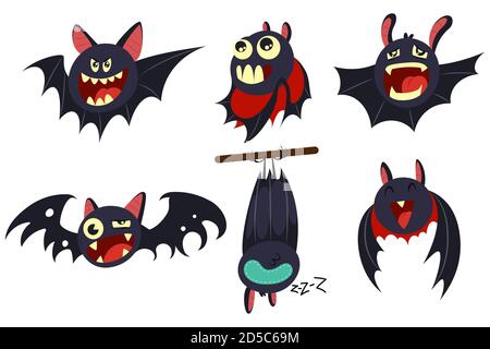 Vampire bat vector cartoon character set. Сute personage with different emotions for Halloween isolated on white background. Stock Vector