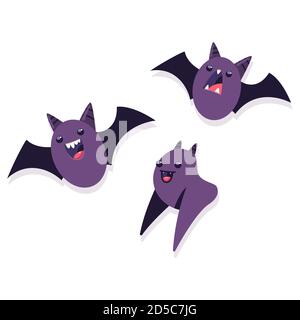 Cute Halloween bats. Vector cartoon funny character set isolated on white background. Stock Vector