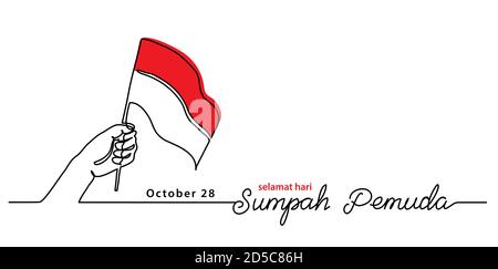 Selamat hari Sumpah pemuda, Happy Indonesian Youth Pledge day, simple vector banner, poster, background with flag and hand. Single line art