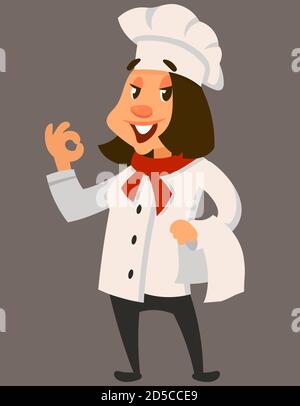 Standing female chef front view. Smiling character in cartoon style. Stock Vector
