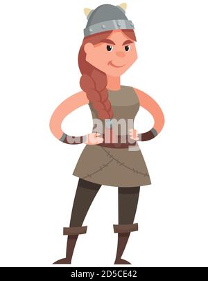 Female viking with hands on her belt. Smiling character in cartoon style. Stock Vector