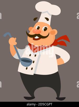 Chef holding ladle. Male character in cartoon style. Stock Vector