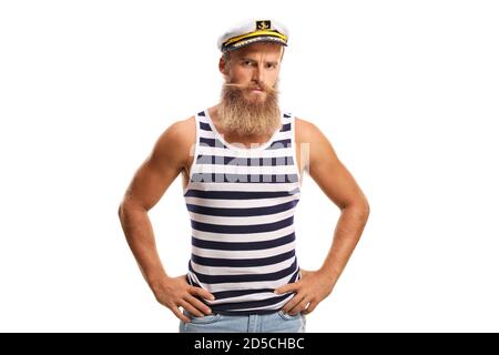 Serious young sailor captain with beard and moustaches isolated on white background Stock Photo