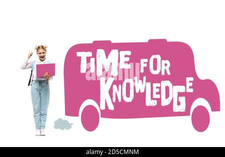 Schoolgirl holding laptop and showing yes gesture near school bus illustration and time for knowledge lettering on white background