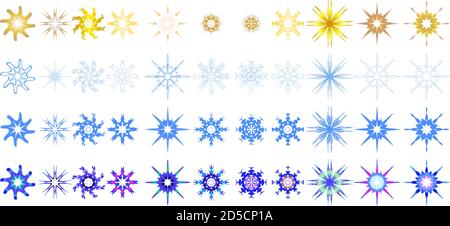 Set of Christmas and New Year snowflakes shaped as stars colored in white, blue, gold and gradient Stock Vector