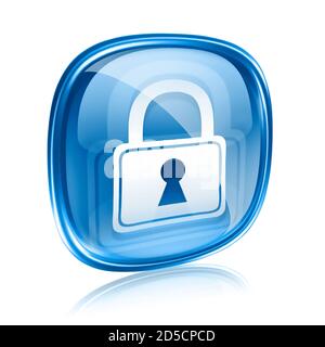 Lock icon blue glass, isolated on white background. Stock Photo