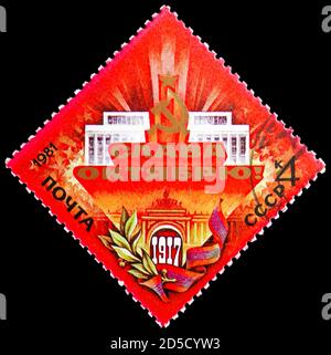 MOSCOW, RUSSIA - SEPTEMBER 28, 2020: Postage stamp printed in Soviet Union devoted to 64th Anniversary of Great October Revolution, serie, circa 1981 Stock Photo