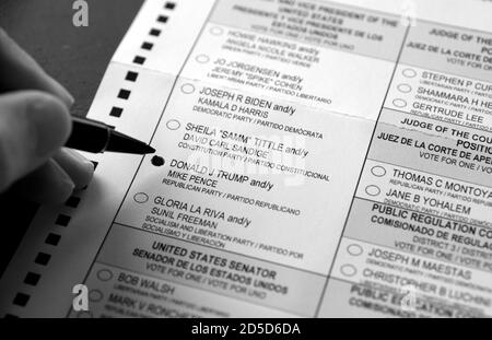 An early voter marks her ballot to vote for the reelection of President Donald Trump in the 2020 U.S. presidential election. Stock Photo