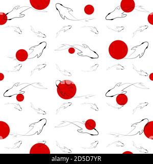 Koi fish seamless pattern vector illustration in minimalistic style with red dots on white background. Pattern for fabric, wallpaper and background. Stock Vector
