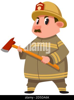Fireman holding axe. Male character in cartoon style. Stock Vector