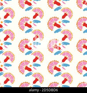 Geometric retro folk art rose pattern. Vector vintage rose in alignment. Colourful stylized florals, stripes on cream colored background. Cute, fun background. Perfect for stationery, print and gift wrap. Stock Vector