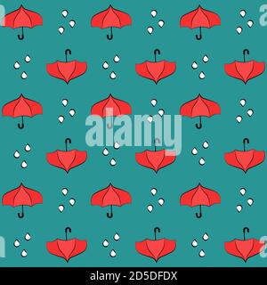 Red umbrellas seamless pattern with raindrops on blue background Stock Vector