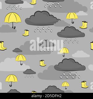 Seamless vector pattern in grey and yellow colous for fabric and wrapping paper with umbrellas and gumboots in clouds on grey background Stock Vector