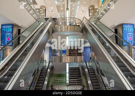 Moscow, RUSSIA - October 11 2020: DOMODEDOVO airport, modern escalators in the airport building. nobody Stock Photo