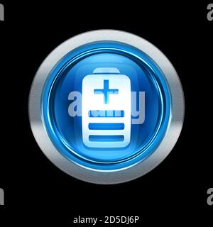 Battery icon blue with metallic edging. Isolated on black background. Stock Photo