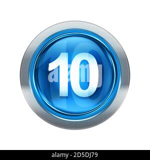 Number ten icon blue with metallic edging. Isolated on white background. Stock Photo