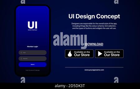 Sign In Window Interface Concept. UI Design Concept. New App Promotion. Download Buttons. App Store. Social Media On Blue Gradient Background Stock Vector
