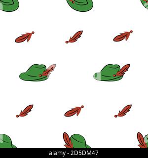 Seamless national german hat pattern with feather on white background Stock Vector