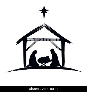 Nativity scene silhouette banner design with manger cradle for baby Jesus, holiday Holly Night. Vector illustration for Christmas cut file scrapbook Stock Vector