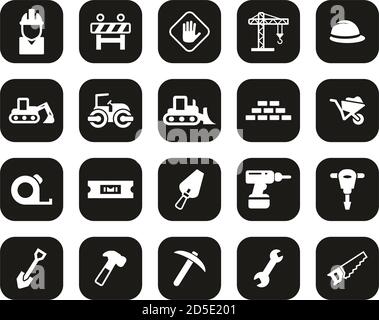 Builders Site Or Construction Site Icons White On Black Flat Deisgn Set Big Stock Vector