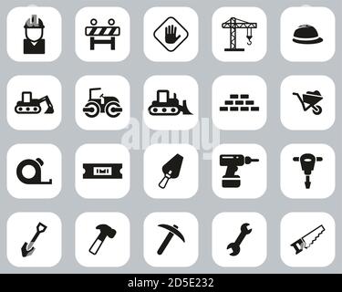 Builders Site Or Construction Site Icons Black & White Flat Deisgn Set Big Stock Vector