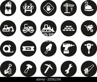 Builders Site Or Construction Site Icons White On Black Flat Deisgn Circle Set Big Stock Vector